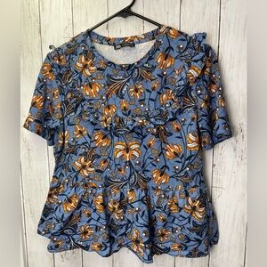 Zara Blue Ruffled Boxy Blouse with Peter Pan Collar size medium